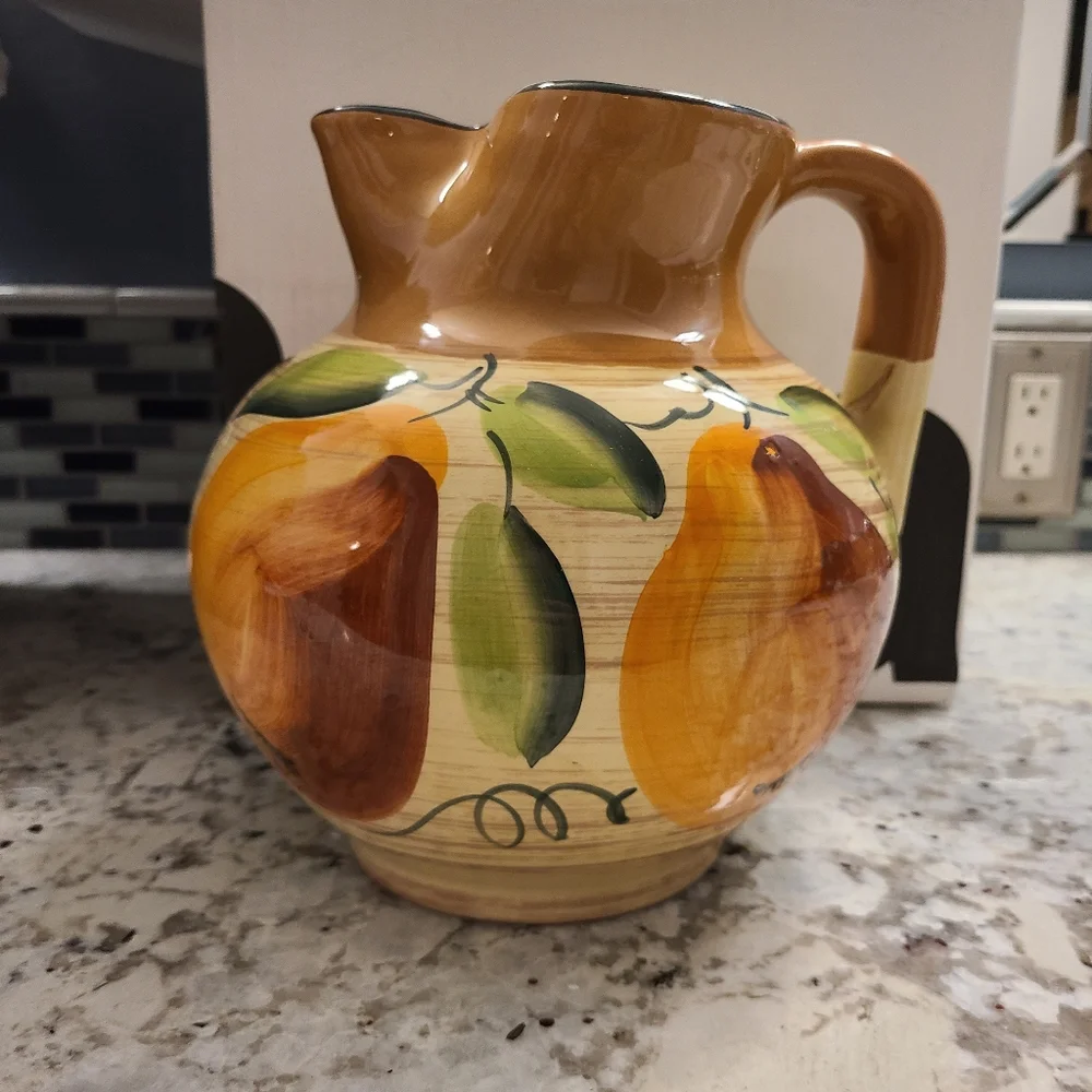 Crate & Barrel Hand Painted Fall Fruit Sienna Pitcher